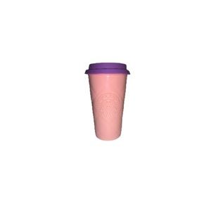 Starbucks Pink Textured Ceramic To Go Cup with Purple Silicone Lid